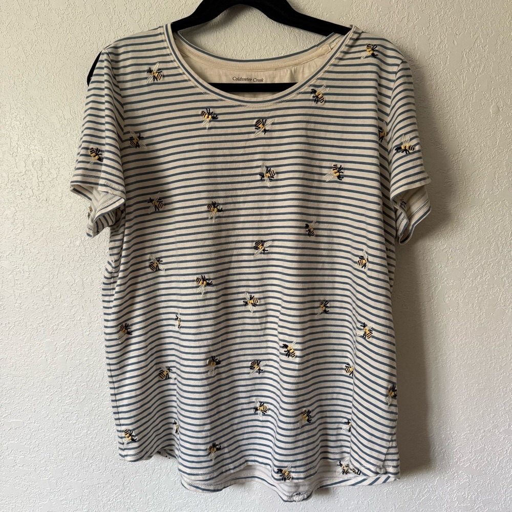 Coldwater Creek Honey Bees Striped Short Sleeve Top Blue Cotton Coastal
Grandma